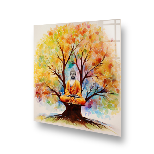Buddha with colourful autumn tree splashback art Side View