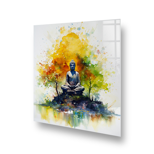 Watercolour Buddha splashback art in yellow, green, and blue hues Side View