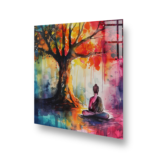 Serene Buddha meditating under a vibrant, colour-dripping tree on a glass kitchen splashback Side View