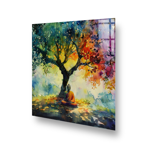 A colourful and vibrant Buddha meditation design for kitchen splashback art. Side View