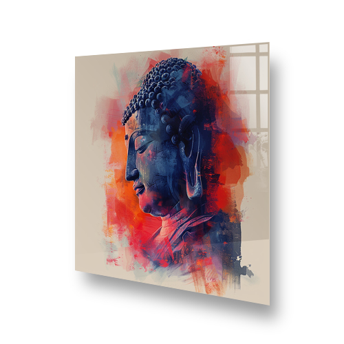 Vibrant Buddha design splashback with a blend of blue and orange colours Side View