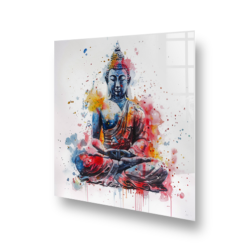 Artistic Buddha splashback with colourful paint splashes in a modern kitchen Side View