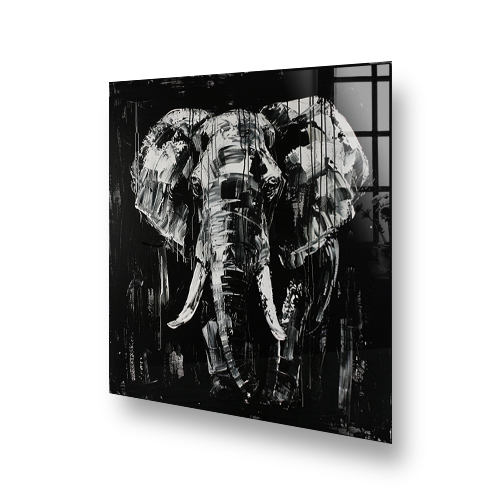 Monochrome elephant art with textured brush strokes on kitchen splashback Side View