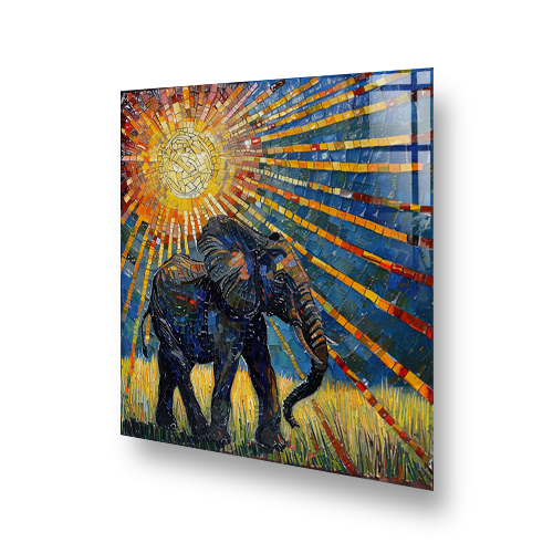 Striking elephant silhouette against a colourful sun mosaic art splashback Side View