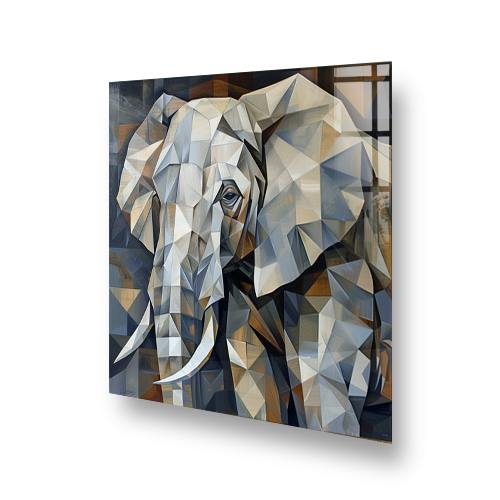 Cubism style elephant kitchen splashback with geometric patterns in shades of beige, brown, and grey Side View