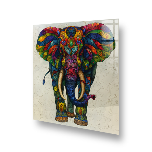 Colourful mandala-style elephant on kitchen splashback against neutral background Side View