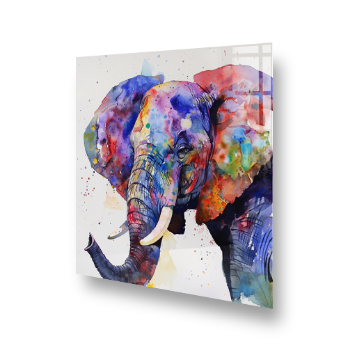 Colourful Vivid Watercolour elephant art on kitchen splashback Side View