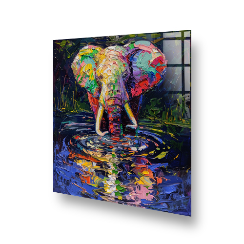 Colourful "Drinking Painting" style elephant splashback art above a kitchen stove Side View