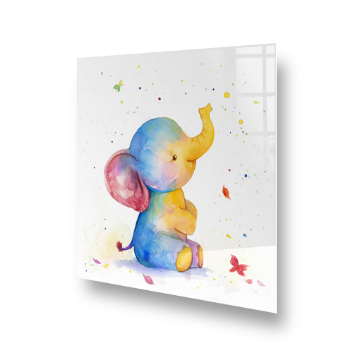 A colourful "Sweet Elephant" watercolour art printed as a kitchen splashback, with a blue and pink elephant calf surrounded by butterflies. Side View