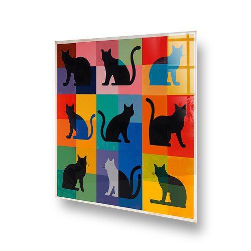 Colourful abstract cat silhouettes on a grid of rainbow colours as a kitchen splashback Side View