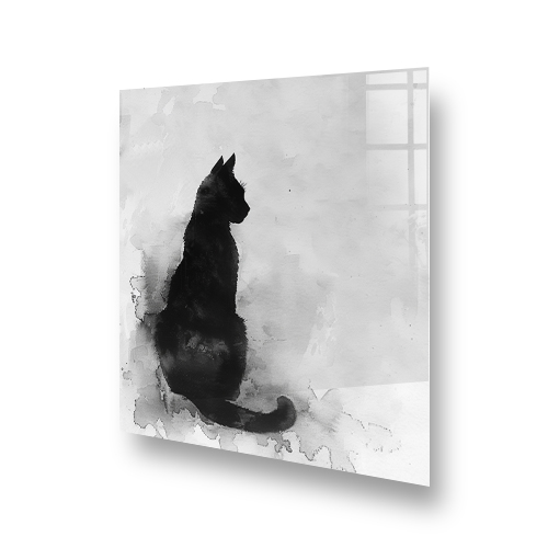 Monochromatic sitting cat splashback art in black and grey tones above a kitchen stove Side View