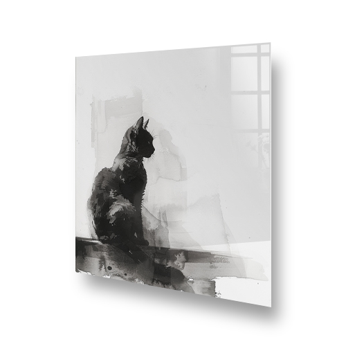 Abstract Watercolour Cat Silhouette Splashback Art in Monochrome Side View