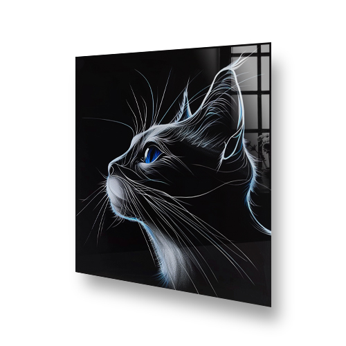Striking cat illustration with electric blue highlights on a black splashback Side View