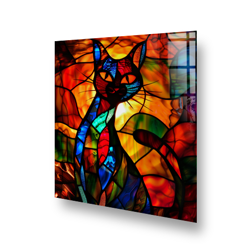 Colourful stained glass art style cat splashback in a kitchen setting Side View