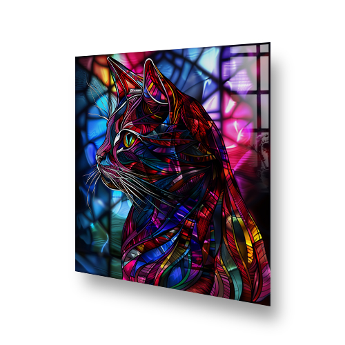 Stylised stained glass style cat design on kitchen splashback with vibrant colours Side View