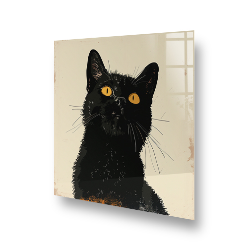 Black cat with yellow eyes in "artistry" style on kitchen splashback Side View