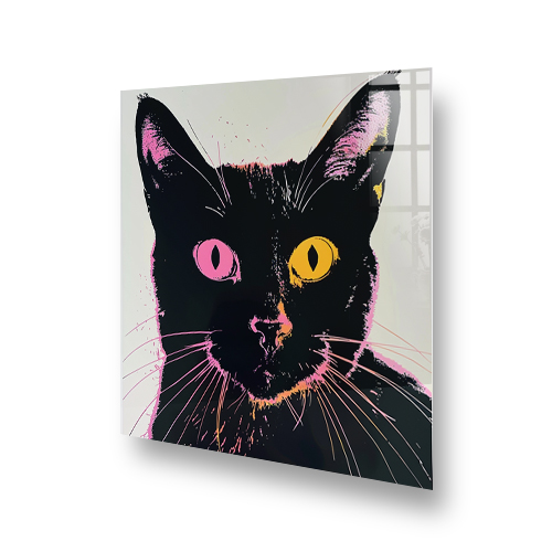 Striking pop art style cat splashback with vibrant pink and yellow accents against a black background Side View