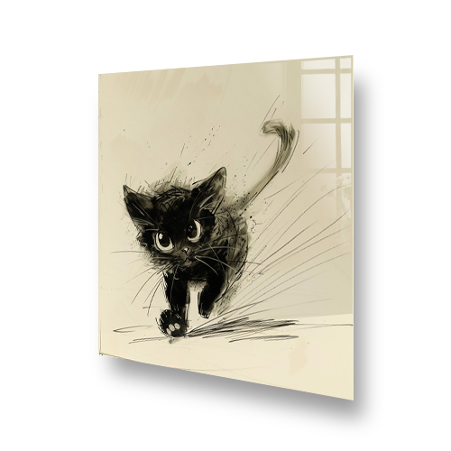 Charcoal sketch of playful black kitten on cream splashback Side View
