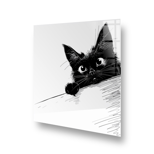 Monochrome cat peeking in sketch-style splashback art design Side View