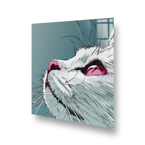 Illustrative cat splashback art in teal, grey, and magenta hues with a modern pop art flair Side View