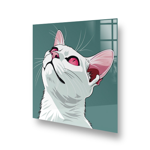 Animated white and grey cat with pink accents on a cat design printed kitchen splashback Side View