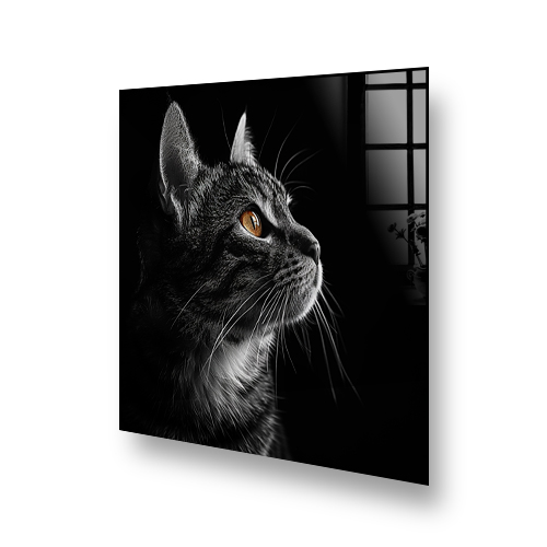 Monochrome art print of a cat profile with orange eye on kitchen splashback Side View