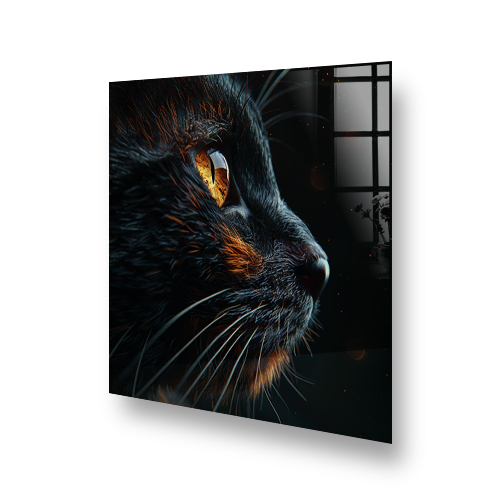 Close-up view of a cats face with striking black and orange colouring printed as kitchen splashback art Side View