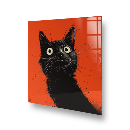 Illustrative black cat with wide eyes against a vibrant orange background, as part of a kitchen splashback design. Side View