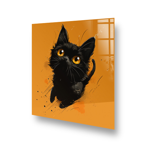 Animated black cat with golden eyes on an orange pop art splashback Side View