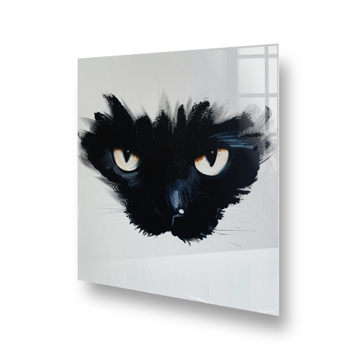 Black and white cat portrait on splashback with striking amber eyes and abstract brush strokes Side View