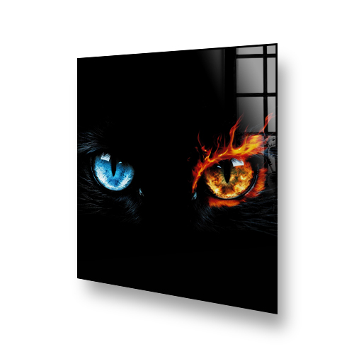 Close-up of a cat splashback with one eye in blue and the other in orange, symbolising ice and fire, installed over a stove Side View