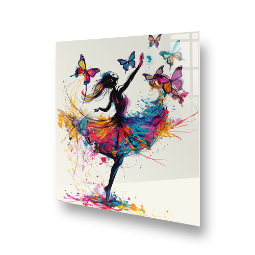 Artistic kitchen splashback featuring a silhouette of a dancer surrounded by colourful butterflies and paint splatter Side View