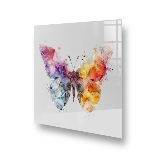 Modern polygon butterfly splashback in various colours above a kitchen stove Side View