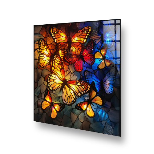 Colourful Backlit Stained Butterfly art splashback in kitchen setting Side View