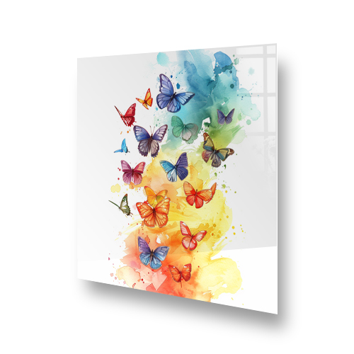 Colourful butterfly splashback art with watercolour effect above a cooking stove Side View