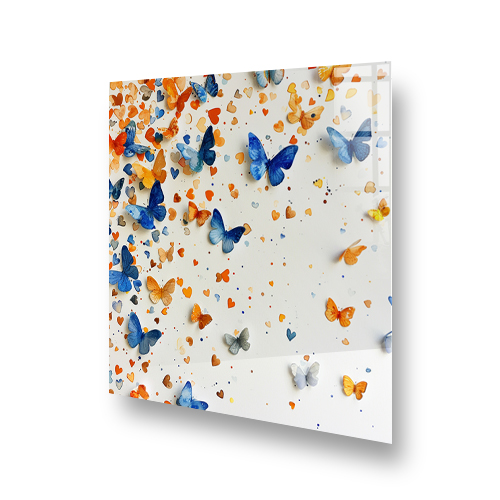 Colourful butterflies on a kitchen splashback art in hues of blue and orange Side View