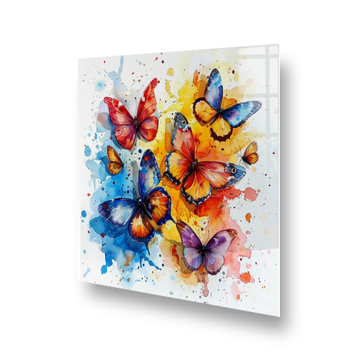 Colourful butterfly splashback art with watercolour butterflies in blue, orange, and purple hues Side View
