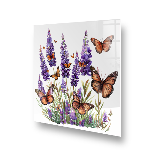 Lavender Butterfly Glass Splashback with Purple Blooms and Butterflies Side View