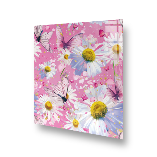 Vibrant butterfly and daisy design splashback in shades of pink, white, and soft blue Side View