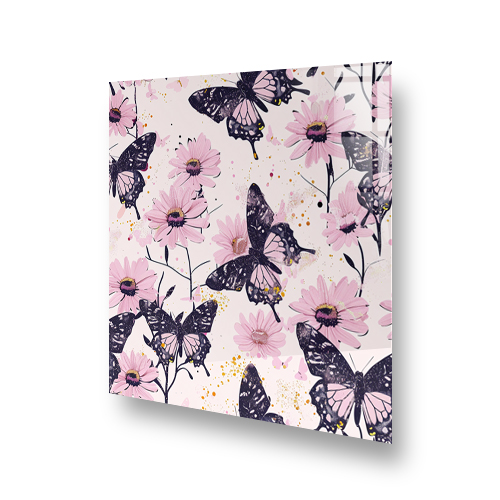 Decorative kitchen splashback with lavender butterfly pattern and pink flowers Side View