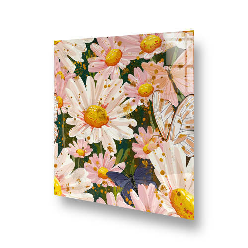 Elegant butterfly and floral kitchen splashback art with a lush green backdrop Side View