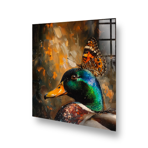 Vibrant kitchen splashback featuring a duck with a butterfly on its head, set against an autumnal background Side View