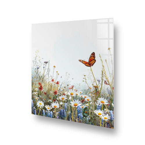 Vibrant butterfly and daisies and wildflower printed splashback in a modern kitchen setting Side View