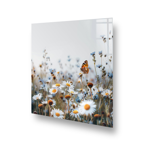 Orange butterfly resting on white daisies with blue accents in a butterfly splashback design Side View