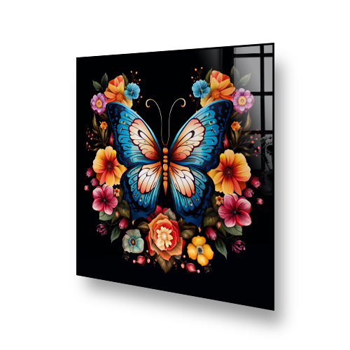 Colourful butterfly and floral kitchen splashback art on a black background Side View