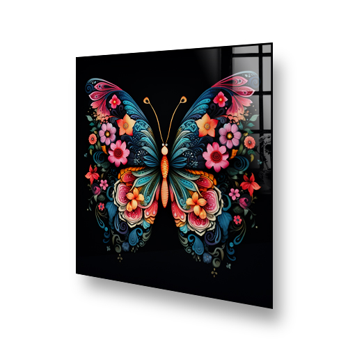 Vibrant butterfly splashback art with floral designs on a dark background Side View