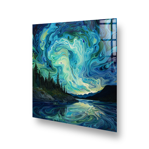Northern Lights-inspired printed splashback showing vivid colours and swirling patterns above a forest and river Side View