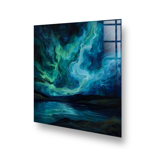 Swirling Aurora Northern Lights art splashback over a stove, showcasing vibrant greens and blues in a kitchen setting Side View