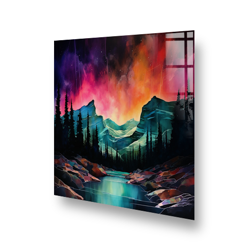 Minimalist painting of northern lights over a mountain landscape as a kitchen splashback Side View