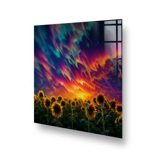 Northern Lights over Sunflower Field Printed Splashback Art Side View